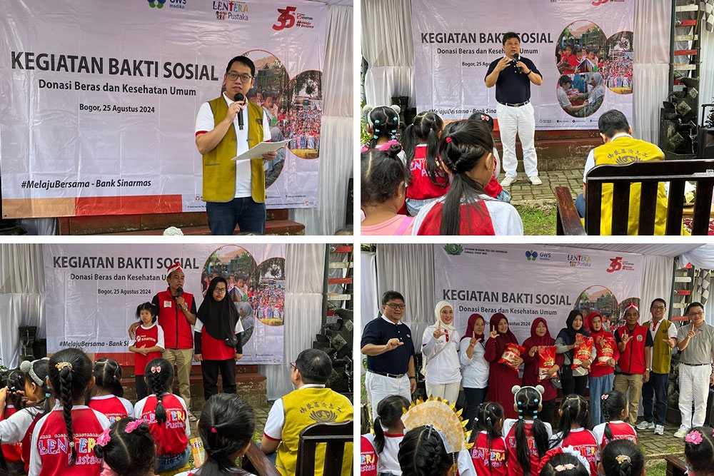 left to right: Speech from the Director of Bank Sinarmas, the Sinarmas branch of the Tzu Chi Buddha Foundation, the founder of TBM Lentera Pustaka, and a symbolic rice donation.