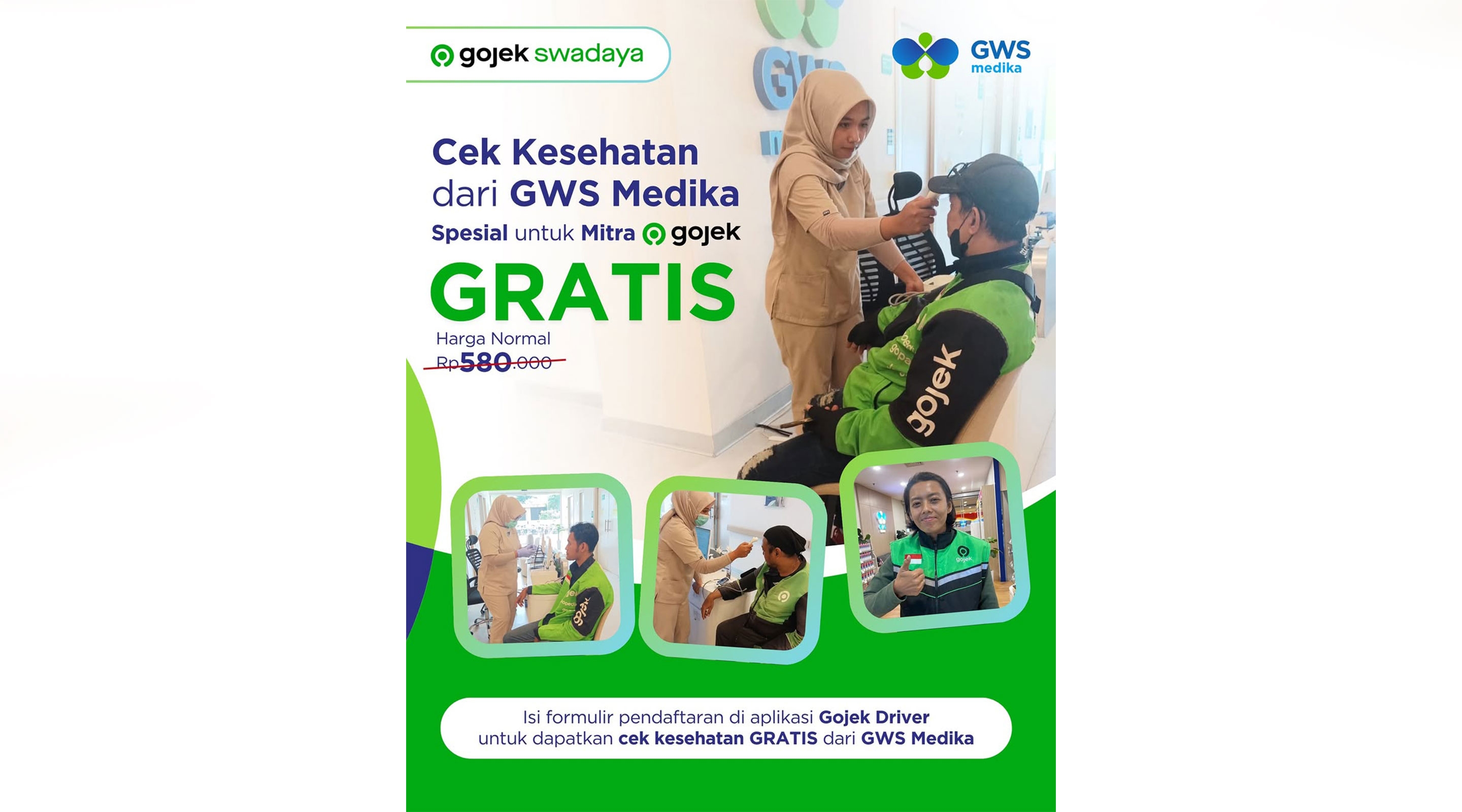 Cek kesehatan gratis oleh GWS Medika untuk mitra gojek.