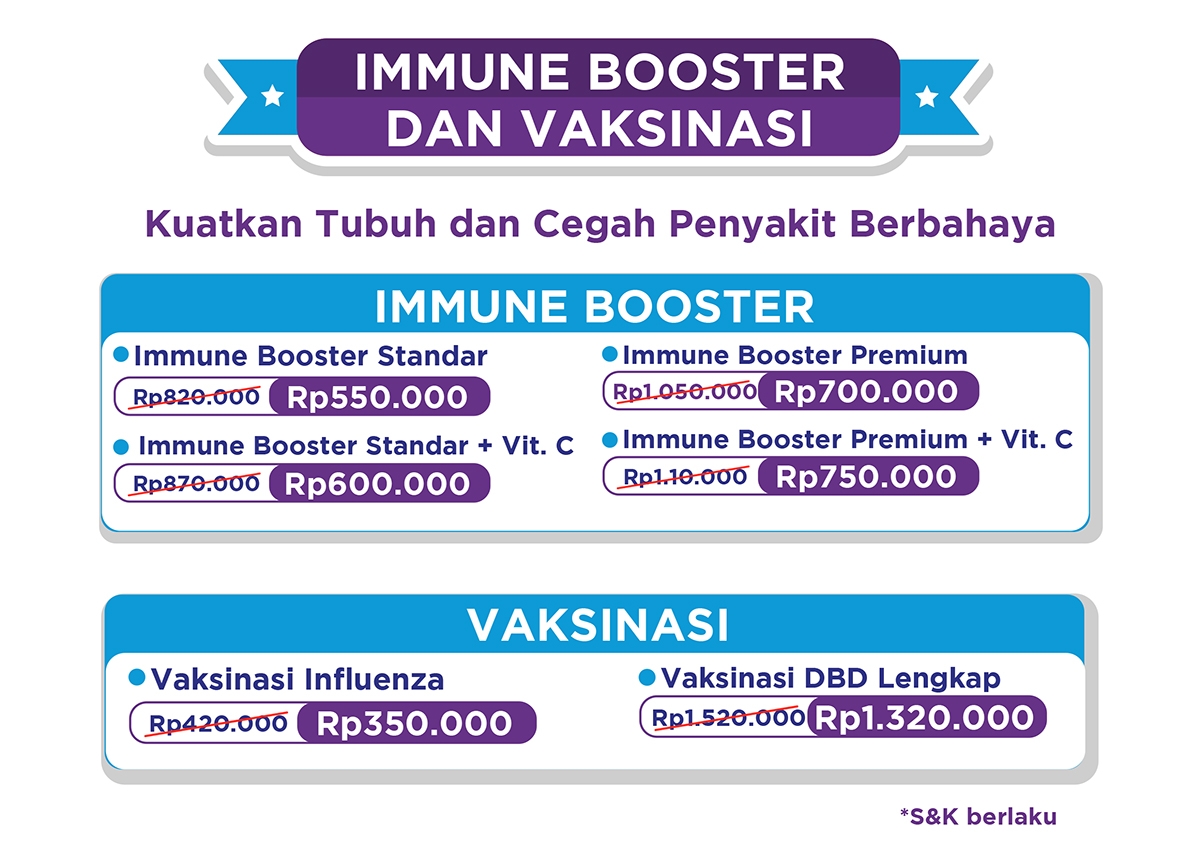 Paket vaksinasi dan immune booster untuk tingkatkan daya tahan tubuh. Dapatkan diskon 30%.